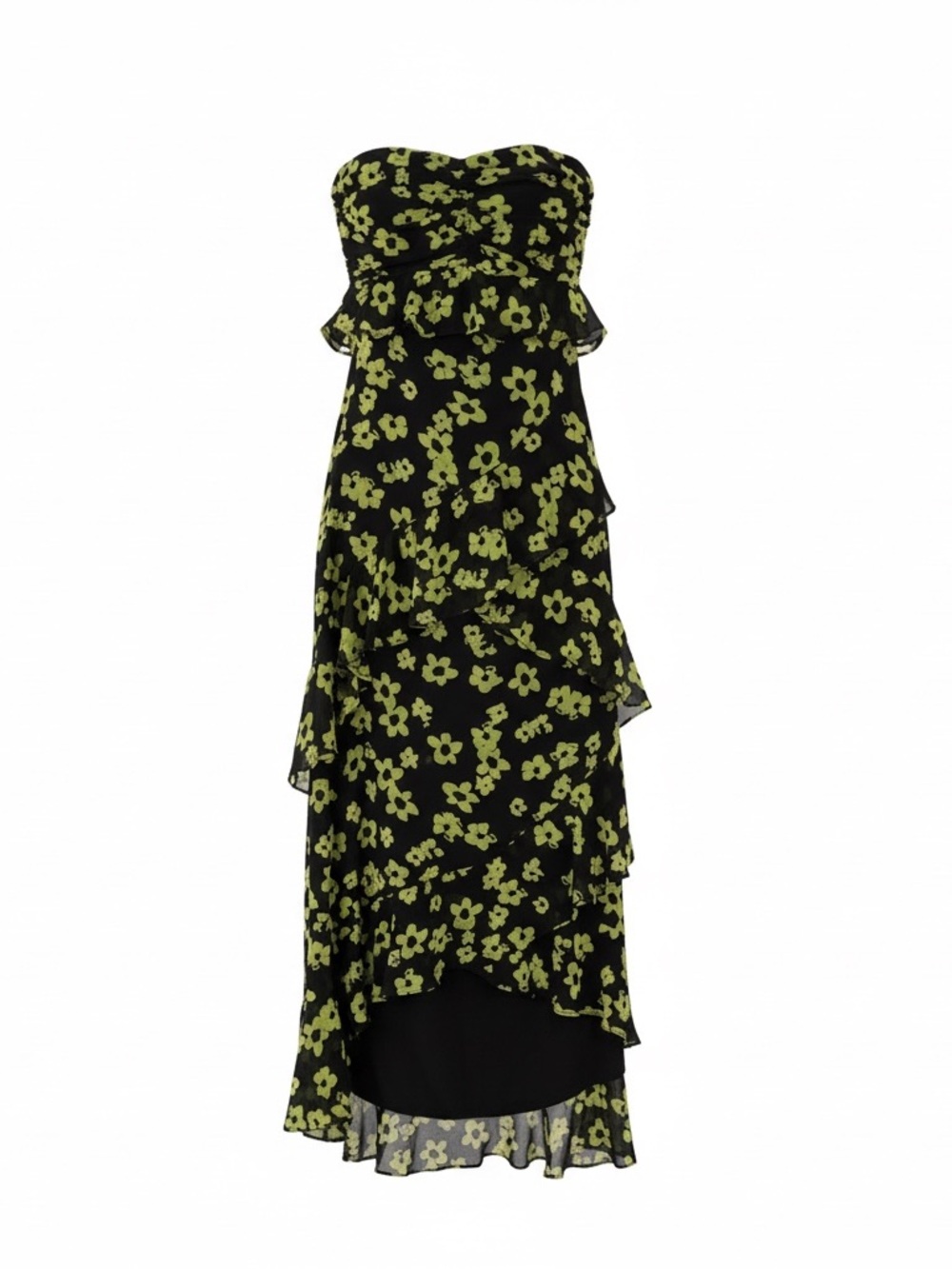 Strapless Black Dress with Lime Floral Ruffle Maxi